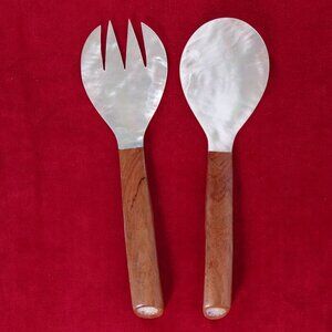 Salad Server Fork Spoon Tongs Natural Iridescent Capiz Mother of Pearl Seashell
